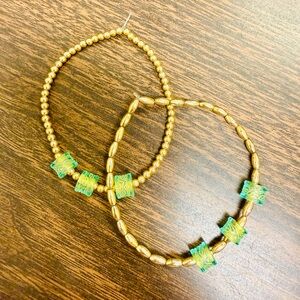 Dainty Gold Beaded Bracelet Pair with Green European Accent Beads